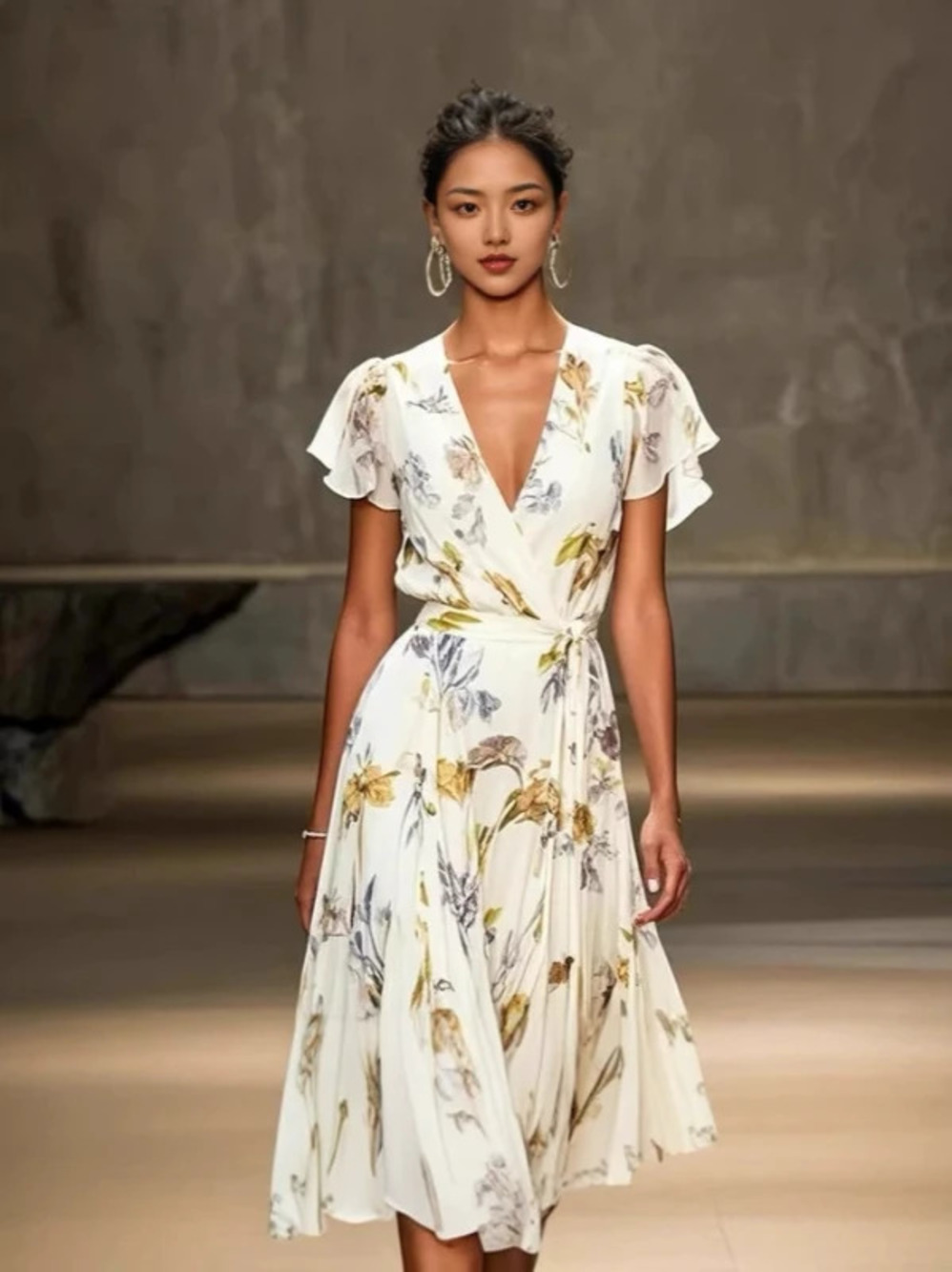 Womens Summer V Neck Short Sleeve Elegant Printed Dress